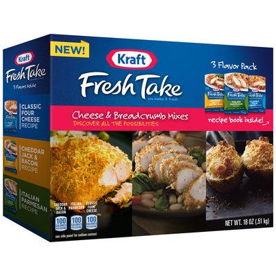 Kraft Fresh Take Classic Four Cheese Recipe/Cheddar Jack & Bacon Recipe/Italian Parmesan Recipe Cheese & Breadcrumb Mixes Variety Pack 18 oz. Box