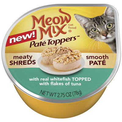 Meow Mix Pate Toppers with Real Whitefish Topped with Flakes of Tuna Wet Cat Food, 2.75-Ounce Cup