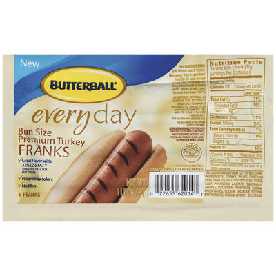 Butterball Everyday Bun Size Premium 16 Oz Turkey Franks 8 Ct Package
