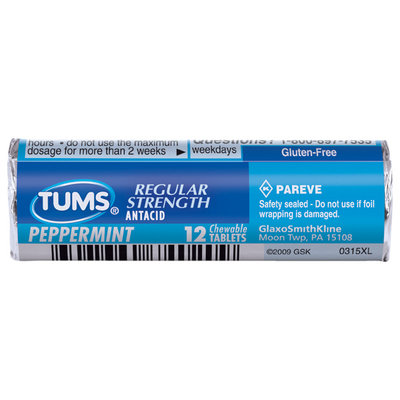 Tums Regular Strength Peppermint Tablets Antacid Calcium Supplement 12 Ct Pack
