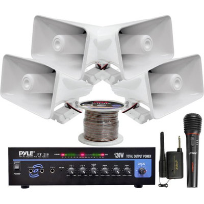 Pyle KTHSP330 120W PA Amplifier System with 4 Horn Speakers/ Wireless Microphone/ Speaker Wire