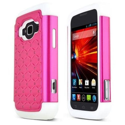 Cgetc Hot Pink w/ Bling on White Protective Hybrid Case for ZTE Concord 2