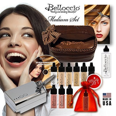 Belloccio's® MEDIUM Complexion Professional Airbrush Cosmetic Makeup System. Belloccio® Is the Superior Brand of Airbrush Makeup. It's Made in the USA From All FDA Approved Ingredients and Is Paraben & Oil Free. 1 Year Warrantee on All Equipment & FREE Bonus Items. Love Our Makeup or Return It for a Full Refund.