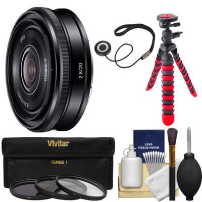 Sony Alpha E-Mount 20mm f/2.8 Wide-Angle Pancake Lens with 3 Filters + Flex Tripod + Kit for A7, A7R, A7S, A3000, A5000, A5100, A6000 Cameras