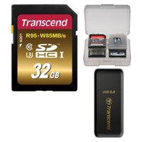 Transcend 32GB SecureDigital SDHC UHS-3 R95/W85 MB/S Memory Card with 3.0 Card Reader + Card Case