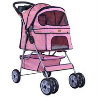 Bestpet Pink Grid 4 Wheels Pet Dog Cat Stroller W/raincover