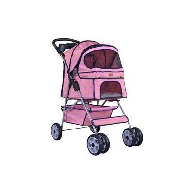 Bestpet Pink Grid 4 Wheels Pet Dog Cat Stroller W/raincover