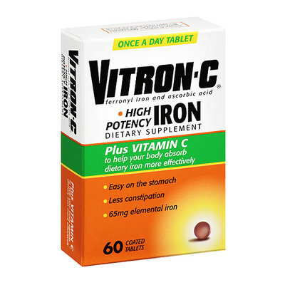 Vitron-C High Potency Iron Plus Vitamin C Coated Tablets Dietary Supplement 60ct