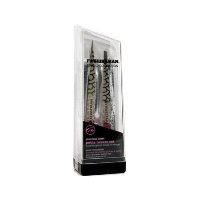 Tweezerman Petite Tweeze Set: Slant Tweezer + Point Tweezer - (Regency Finish w/ Silver Leather Case) 2pcs