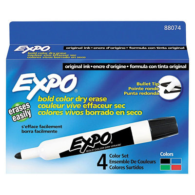 EXPO 88074 Dry Erase Markers, Bullet Tip, Assorted, 4/Set