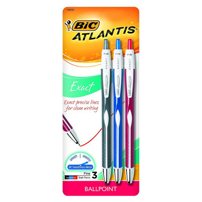 BIC Atlantis Exact Retractable Ballpoint Pens, Fine Point, 0.7mm, Assorted, 3/Pack