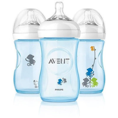 Philips AVENT 9 Ounce BPA Free Natural Polypropylene Bottles 3 Pack - Blue Monkeys