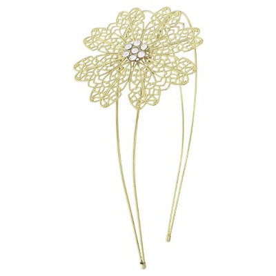 Women's Double Row Metal Headband with Large Flower and Center Gems