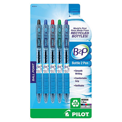 Pilot B2P Recycled Ballpoint Pen, 1.0mm, Assorted Ink, 5/Pk