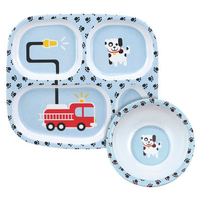 Bumkins Melamine Bowl and Divided Plate Set, Fire Engine