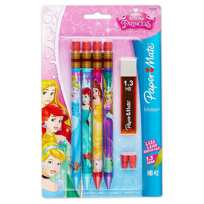 Papermate Disney Princess #2 Mechanical Pencils, 1.3mm, 4ct With Lead/Eraser Refills, Multi-Colored