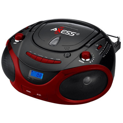 Axess Red Portable Boombox MP3/CD Player with Text Display, with AM/FM Stereo, USB/SD/MMC/AUX Inputs