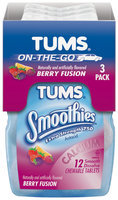 Tums On-The-Go Extra Strength Berry Fusion 12 Ct Smoothies Antacid Calcium Supplement 3 Pk Bottles
