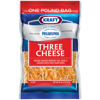 Kraft Natural Cheese Three Cheese W/Touch of Philadelphia Shredded Cheese 16 Oz Peg