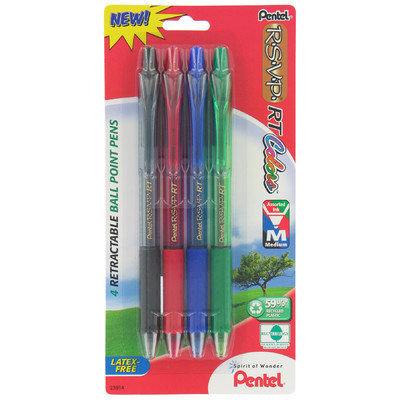 Pentel 4 Count Assorted RSVP RT Colors Retractable Ball Point Pen