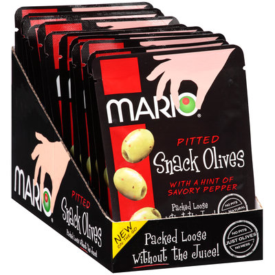 Mario® Pitted Green Snack Olives with a Hint of Savory Pepper 1.05 oz. Pouch