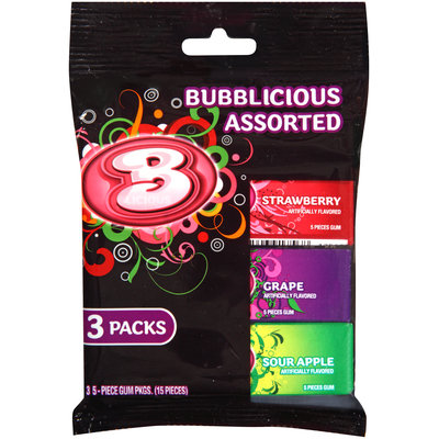 Bubblicious Strawberry/Grape/Sour Apple Assorted Bubble Gum 3-5 Piece Packs