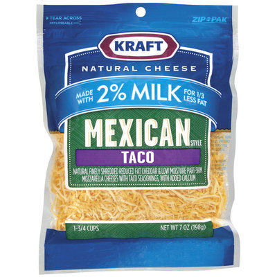 Kraft Natural Cheese Mexican Style Taco Made W/2% Milk Shredded Cheese 7 Oz Peg