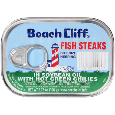 Beach Cliff® Fish Steaks in Soybean Oil with Hot Green Chilies 3.75 oz. Tin