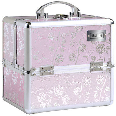 Beautify-Professional Pink Rose Patterned Aluminium Beauty Cosmetics & Make Up Case