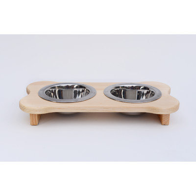 Indipets Inc Elevated Dog Food Diner with Paw Print in Natural Wooden Finish