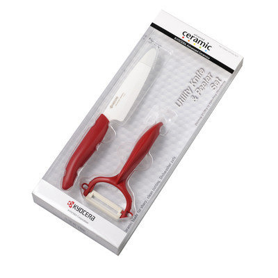 Kyocera Ceramic Red 5.5-inch Santoku Knife and Y Peeler Set