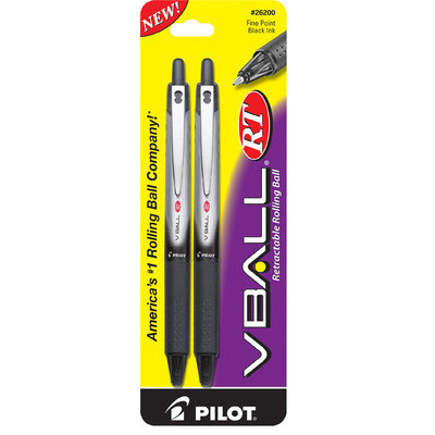 Pilot Rollerball Pen, Retractable, VBall, 2/PK, Black. Pack of 2