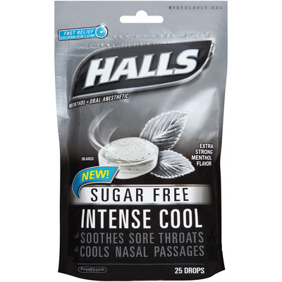 Halls Sugar Free Intense Cool Oral Anesthetic Menthol Drops 25 ct Bag