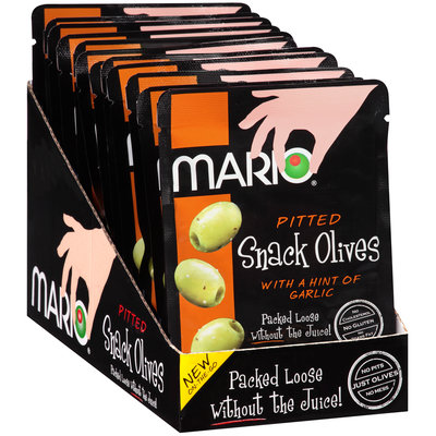 Mario® Pitted Green Snack Olives with a Hint of Garlic 1.05 oz. Pouch