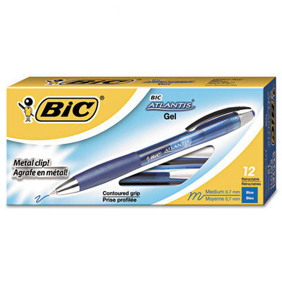 BIC Atlantis Retractable Gel Ballpoint, 0.7mm, Medium, Blue, Dozen