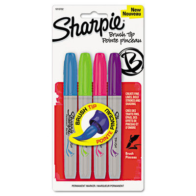 Sharpie Permanent Marker, Brush Tip, Assorted, 4/Set