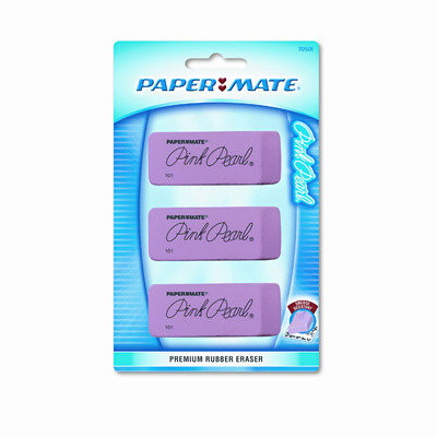 Paper-Mate Pink Pearl Beveled Erasers, Rubber, Three per Pack Large Size