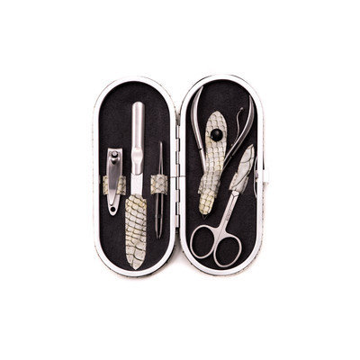 Bey-berk 5 Piece Manicure Set in White Snake Pattern Leather Case.