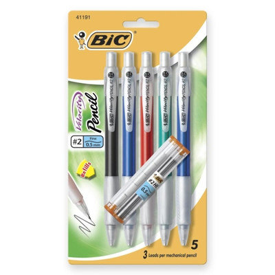 BIC CORPORATION Mechanical Pencil, Refillable, Rubbergrip.9mm,5/PK, Assorted