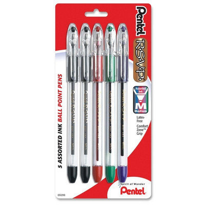 Pentel of America, Ltd. Ballpoint Pen, Medium Point,5/PK, Asst. Ink/Clear Barrel
