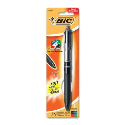 BIC 4-Color Grip Retractable Ballpoint Pen, Refillable, Retractable, 1.0mm, 4 Color Ast