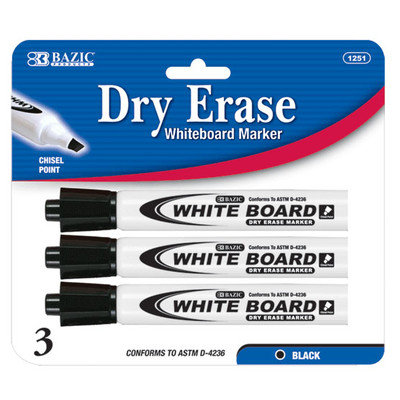 BAZIC Black Chisel Tip Dry-Erase Markers (3/Pack)(Case of 144)