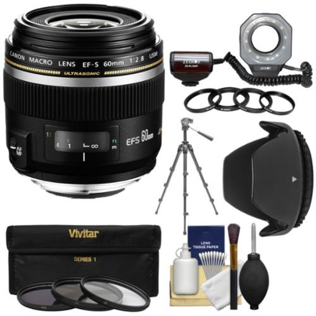 Canon EF-S 60mm f/2.8 Macro USM Lens with Macro Ringlight + Tripod + 3 UV/CPL/ND8 Filters + Hood + Kit
