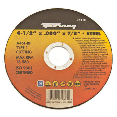 Forney 71815 Cut-Off Wheel with 7/8-Inch Arbor Metal Type 1 A46T-BF 4-1/2-Inch-by-0.080-Inch
