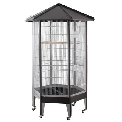 HQ 61818bk 34 in. Hexagonal Aviary with Solid Roof - Black