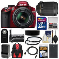 Nikon D3200 Digital SLR Camera & 18-55mm G VR DX AF-S Zoom Lens (Red) with 55-200mm VR Lens + 32GB Card + Case + Battery & Charger + Grip + HDMI Cable + Filters Kit
