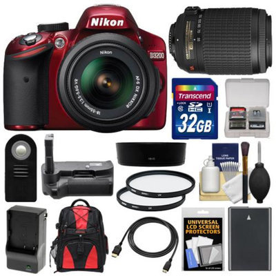 Nikon D3200 Digital SLR Camera & 18-55mm G VR DX AF-S Zoom Lens (Red) with 55-200mm VR Lens + 32GB Card + Case + Battery & Charger + Grip + HDMI Cable + Filters Kit