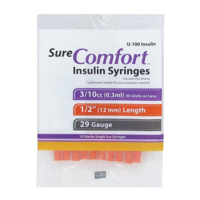 Allison Medical Sure Comfort Insulin Syringes 29 Gauge 3/10cc 1/2 in - 10 ea.