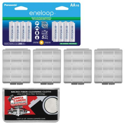 Panasonic eneloop (16) AA 2000mAh Pre-Charged NiMH Rechargeable Batteries with (4) AA Battery Cases + Microfiber Cleaning Cloth