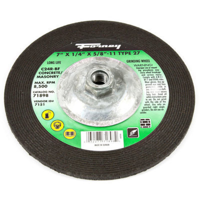 Forney 71898 Grinding Wheel with 5/8-Inch-11 Threaded Arbor Masonry Type 27 C24R-BF 7-Inch-by-1/4-In